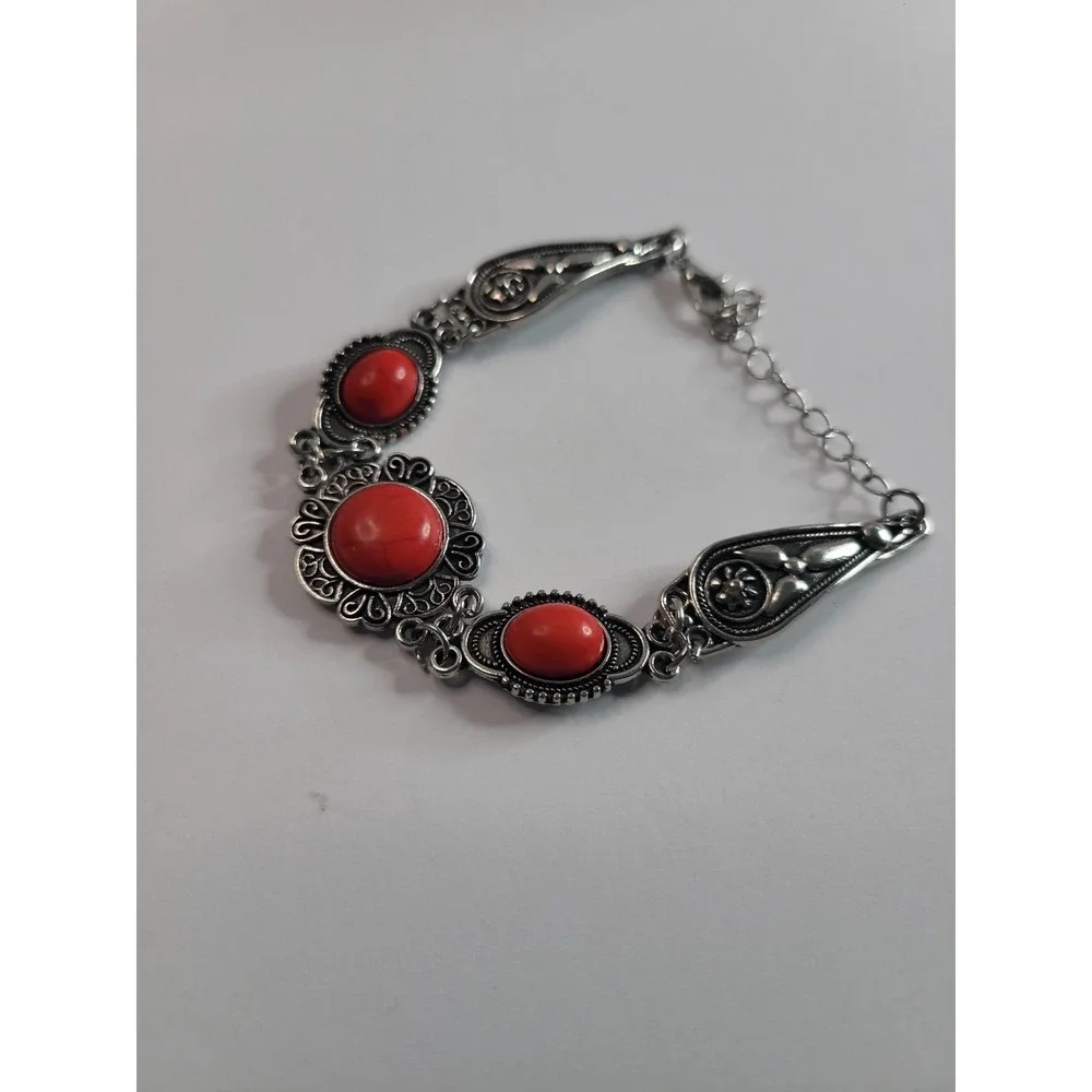 Silver Tone Red Cabochon Filigree Statement Bracelet Adjustable Boho